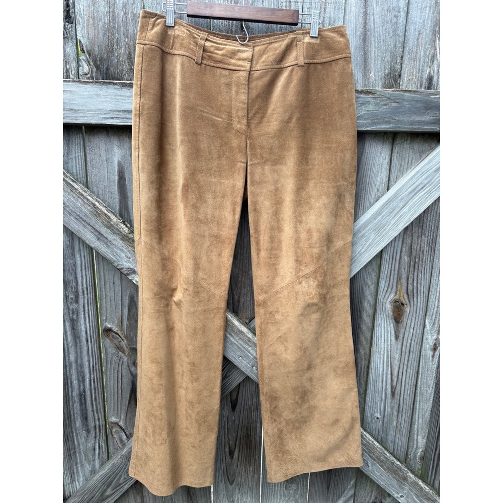 Ann Taylor LOFT Womens 12 Tan Suede Leather Flare Leg Pants Camel Mid Rise 32 In